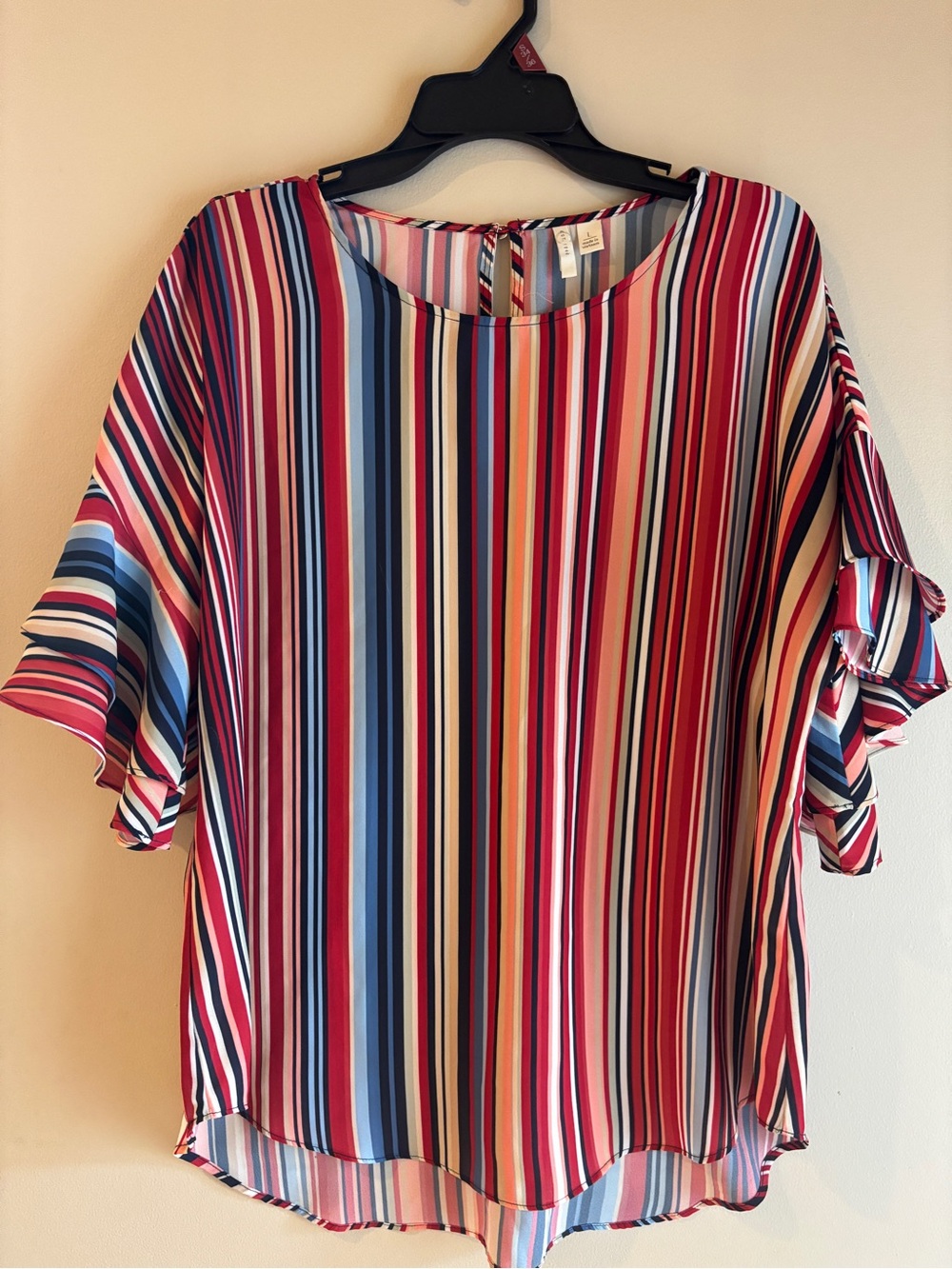 Cato Multicolor Vertical Stripe Ruffle Sleeve Top - Large